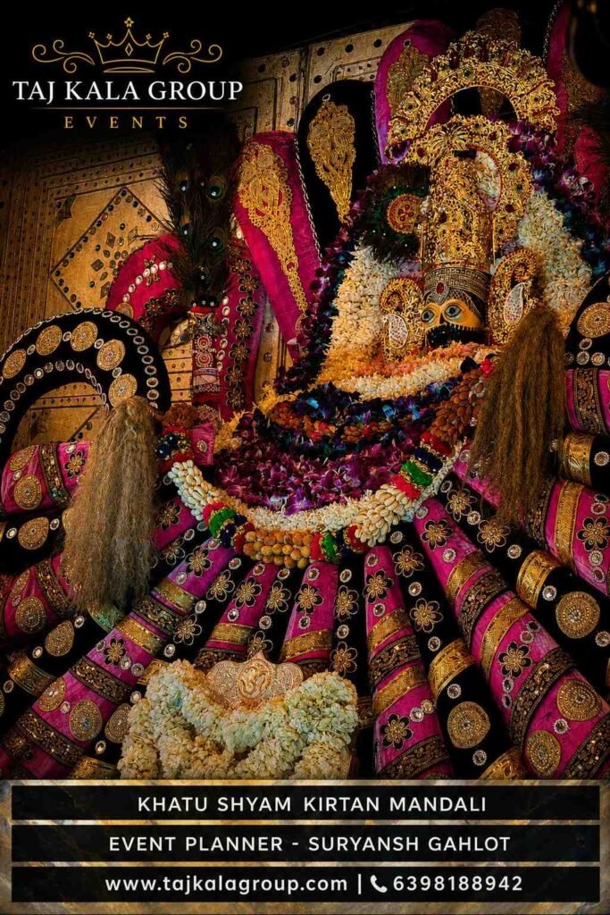 Taj Kala Group's professional Khatu Shyam kirtan mandali sets up a grand Baba darbar decoration with beautiful flower shringar in Bodla, Agra.