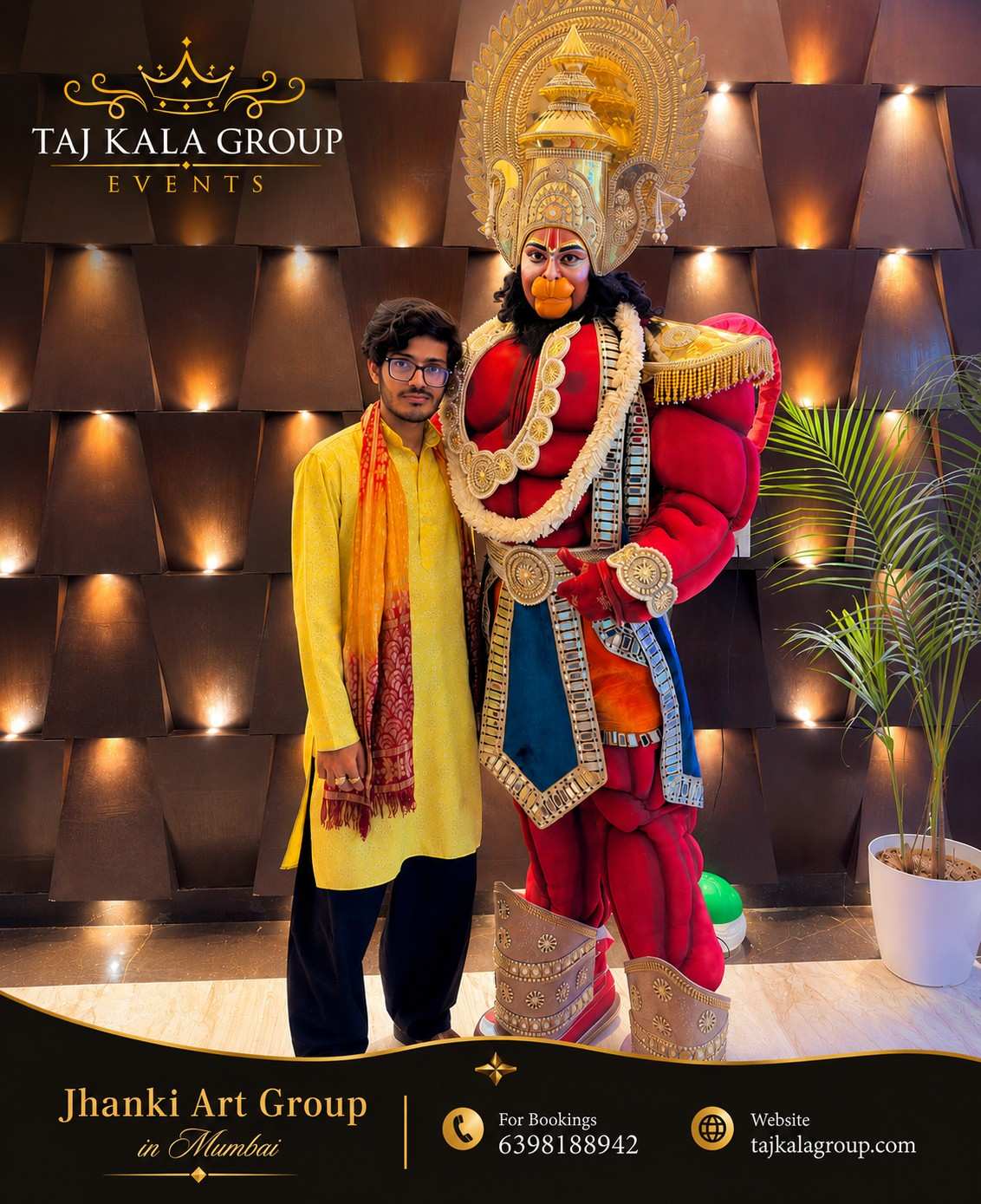 Devotional event coordinator Suryansh Gahlot with our magnificent Bahubali Hanuman jhanki character setup in Mumbai.
